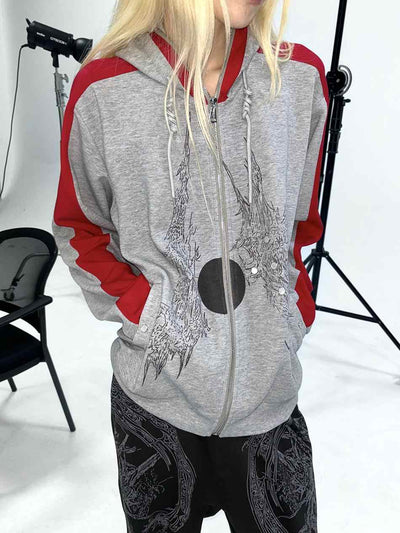 Red Line Hooded Patchwork Sweatshirt Jacket ELY0024