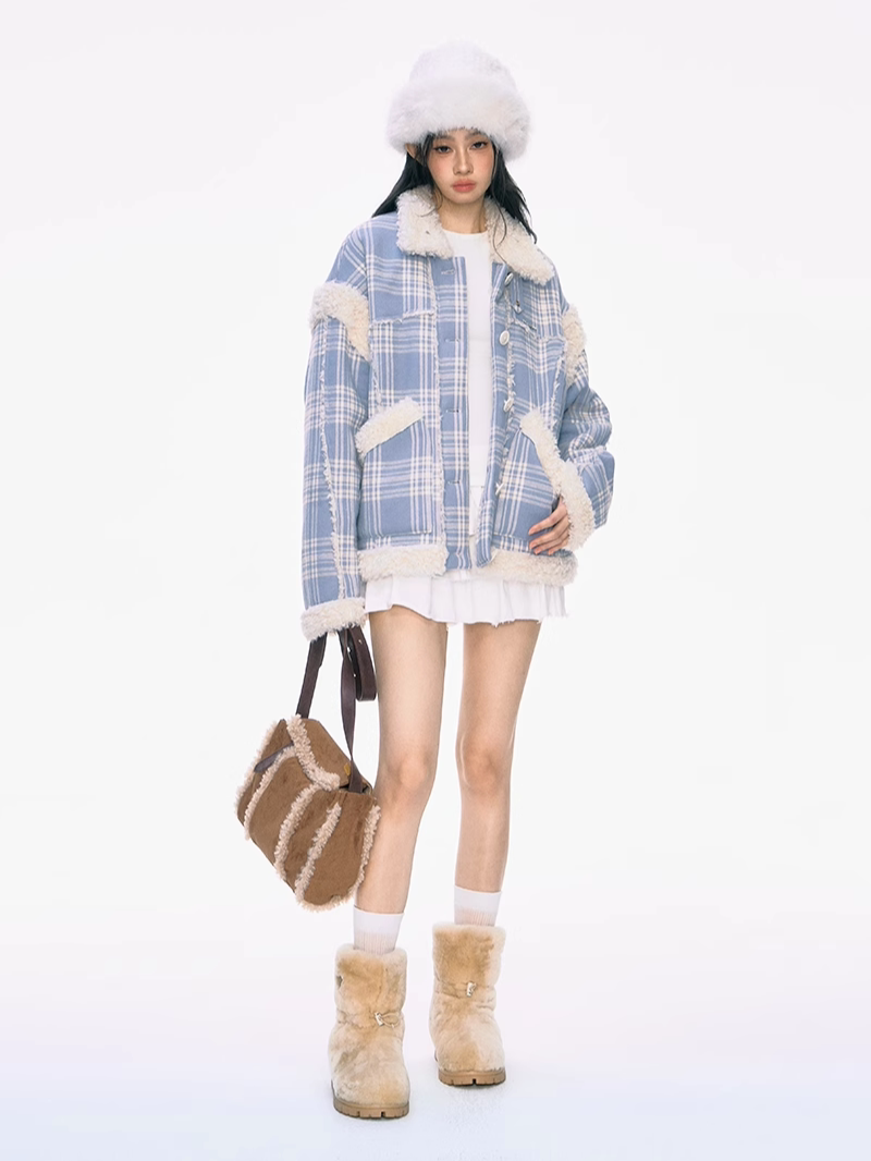 Fur Collar Blue Plaid Jacket PUN0035