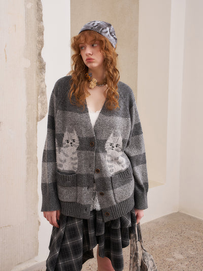 Symmetrical Kitten Striped Knitted Cardigan DID0228