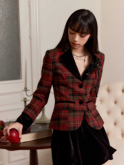 Red Plaid Slim Waist Suit Jacket/Black Velvet Skirt FRA0268