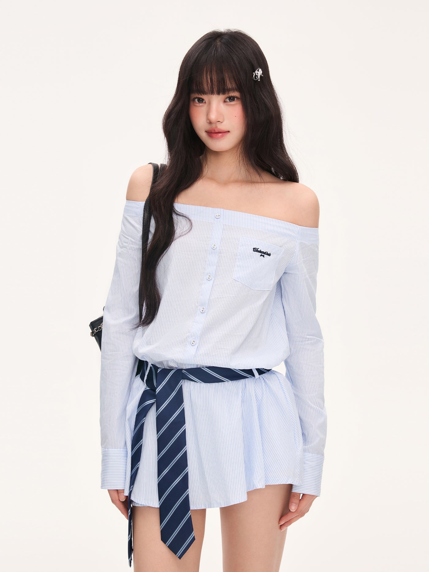 Striped Off-Shoulder Shirt Dress WEE0067