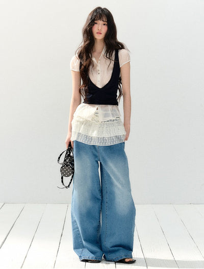 White Shirt/Ruffle Lace Skirt SHI0137