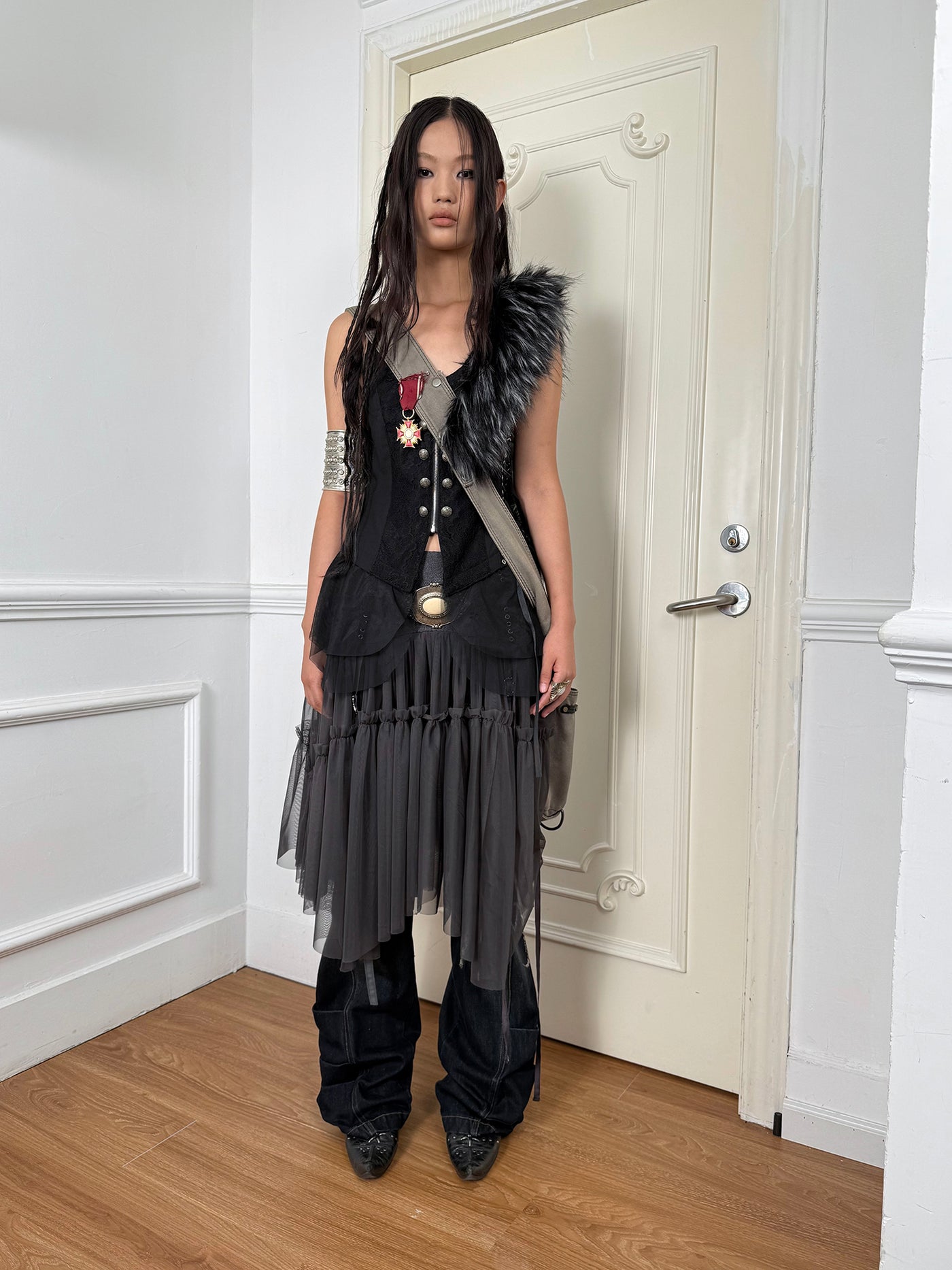 Lace Splicing Metal Button Fur Collar Vest DOU0129