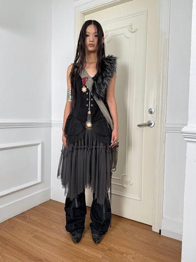 Lace Splicing Metal Button Fur Collar Vest DOU0129