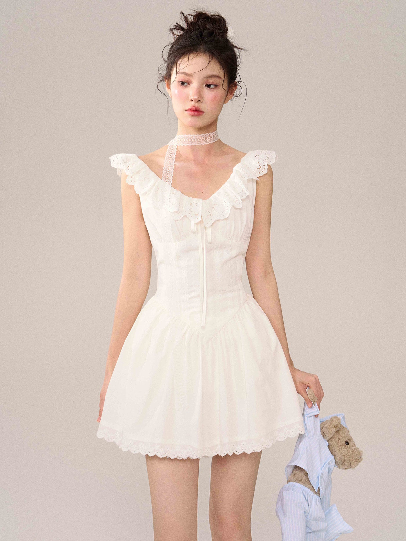 White Lace Flying Sleeve Dress SOO0016