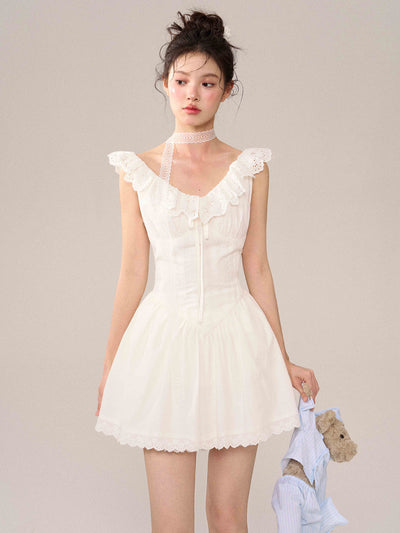 White Lace Flying Sleeve Dress SOO0016