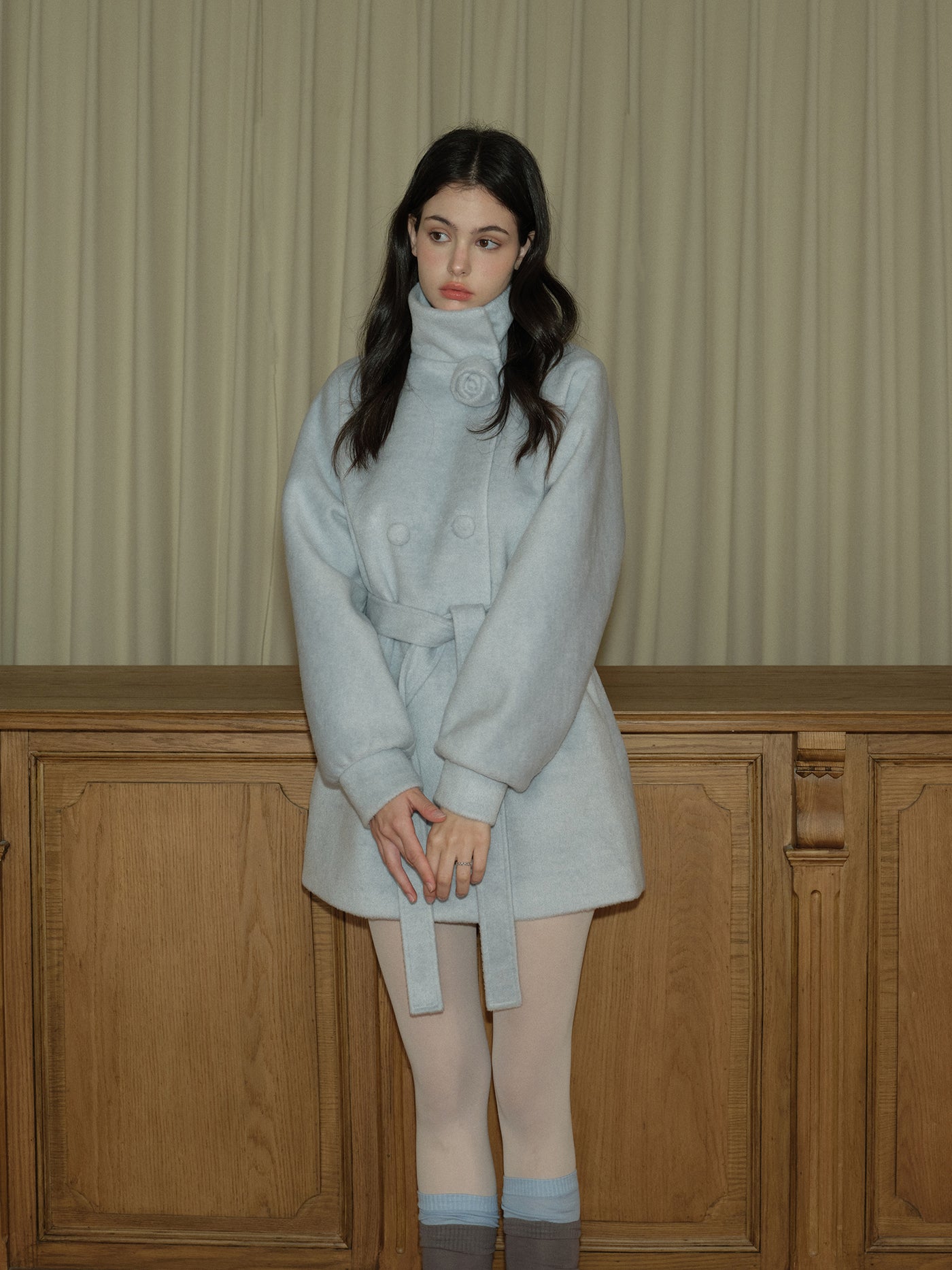 Glacier Blue Three-dimensional Rose Woolen Coat REC0065