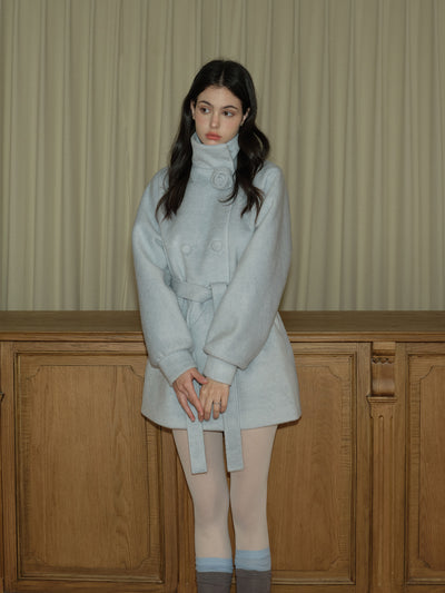 Glacier Blue Three-dimensional Rose Woolen Coat REC0065