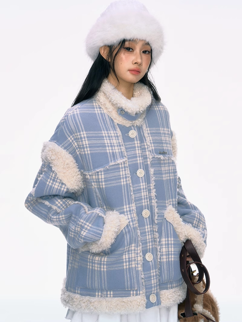 Fur Collar Blue Plaid Jacket PUN0035