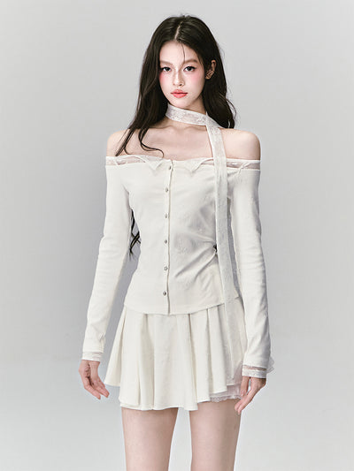 White Lace One-Shoulder Top/Embroidered Skirt FRA0415