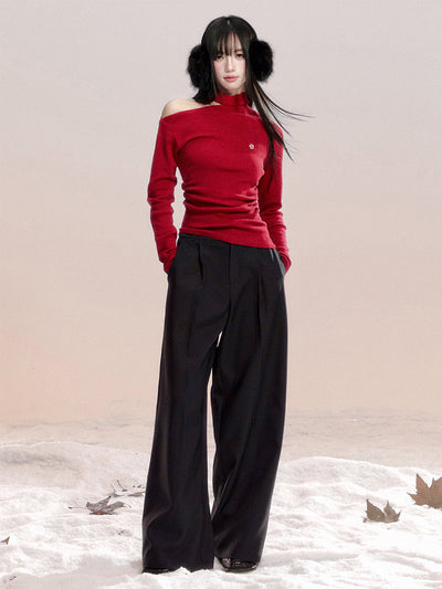 Red Off-shoulder Cotton Sweater FRA0489