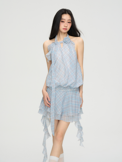 Flower Backless Plaid Irregular Dress PUN0073