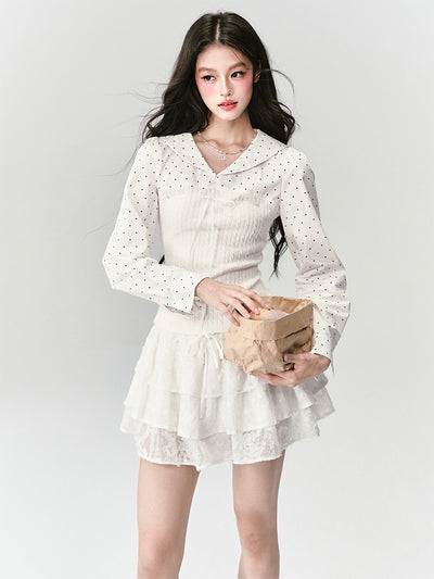 Polka Dot Navy Collar Splicing Shirt FRA0425