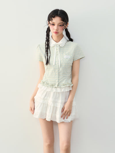 Doll Collar Fake Two-piece Plaid Shirt NTO0229