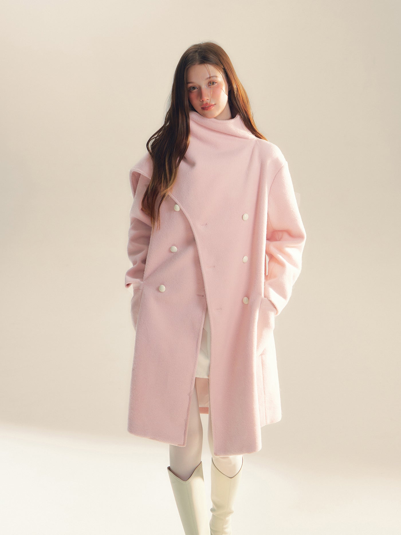 Pink Wool Scarf Silhouette Medium Coat REC0060