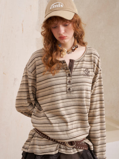 Brown Striped Loose Bird Embroidered T-shirt DID0221