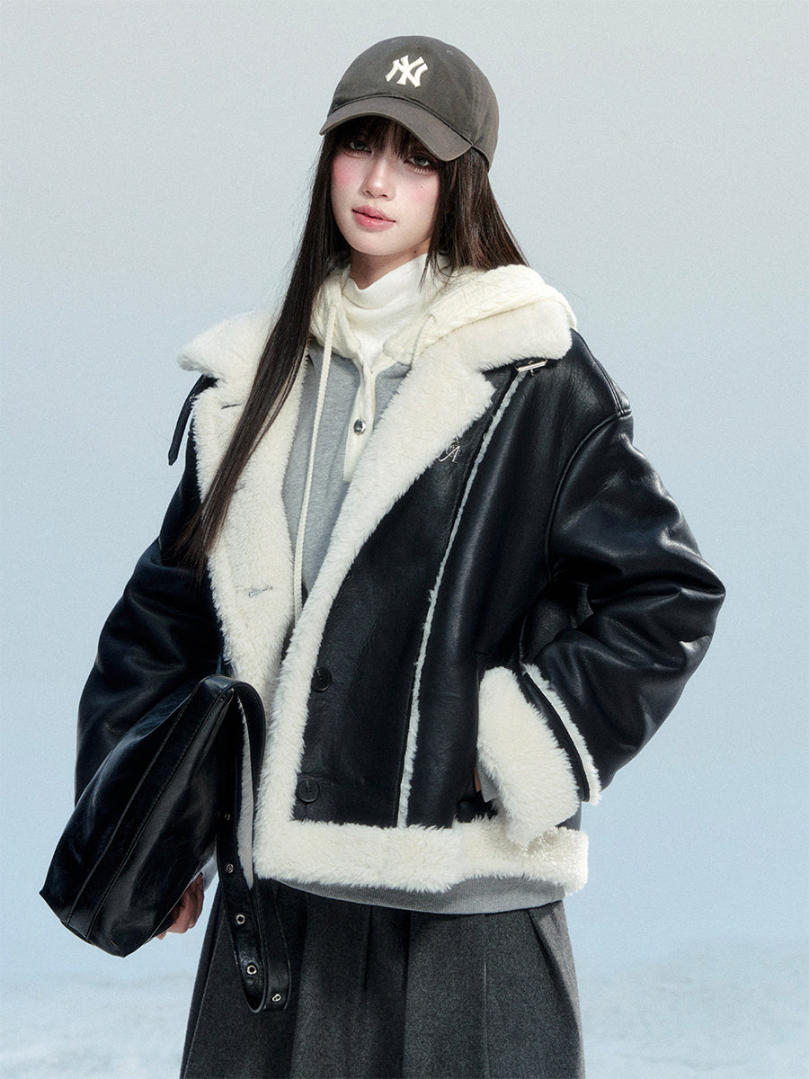 Fur Collar Black Leather Jacket FRA0477