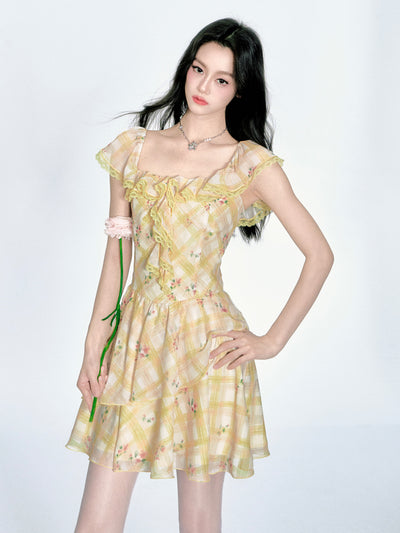 Ruffle Floral Plaid Dress FRA0364