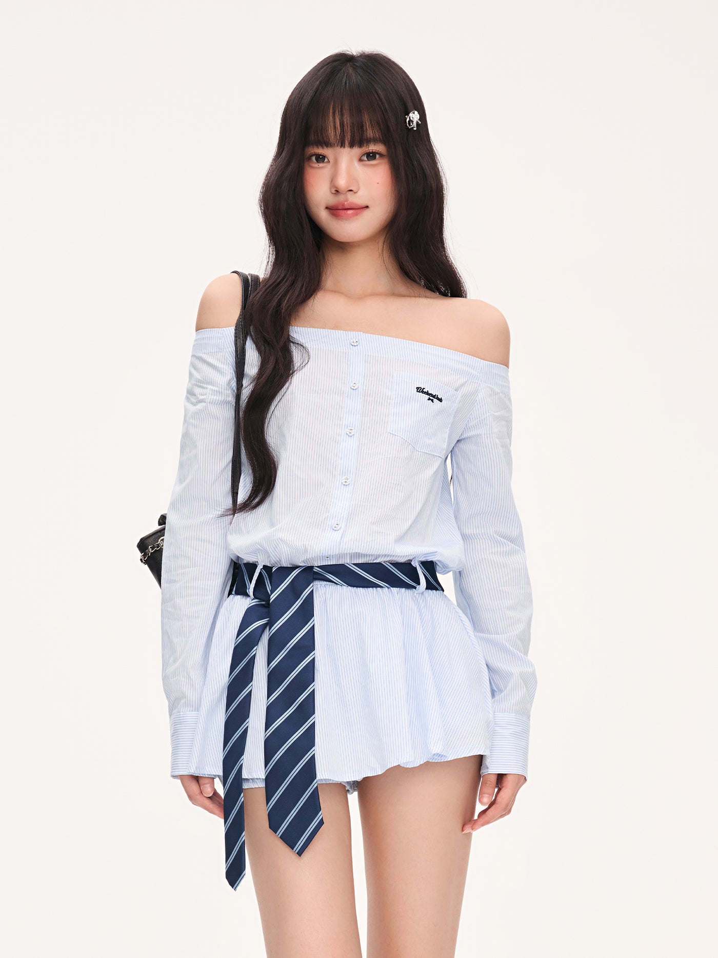 Striped Off-Shoulder Shirt Dress WEE0067