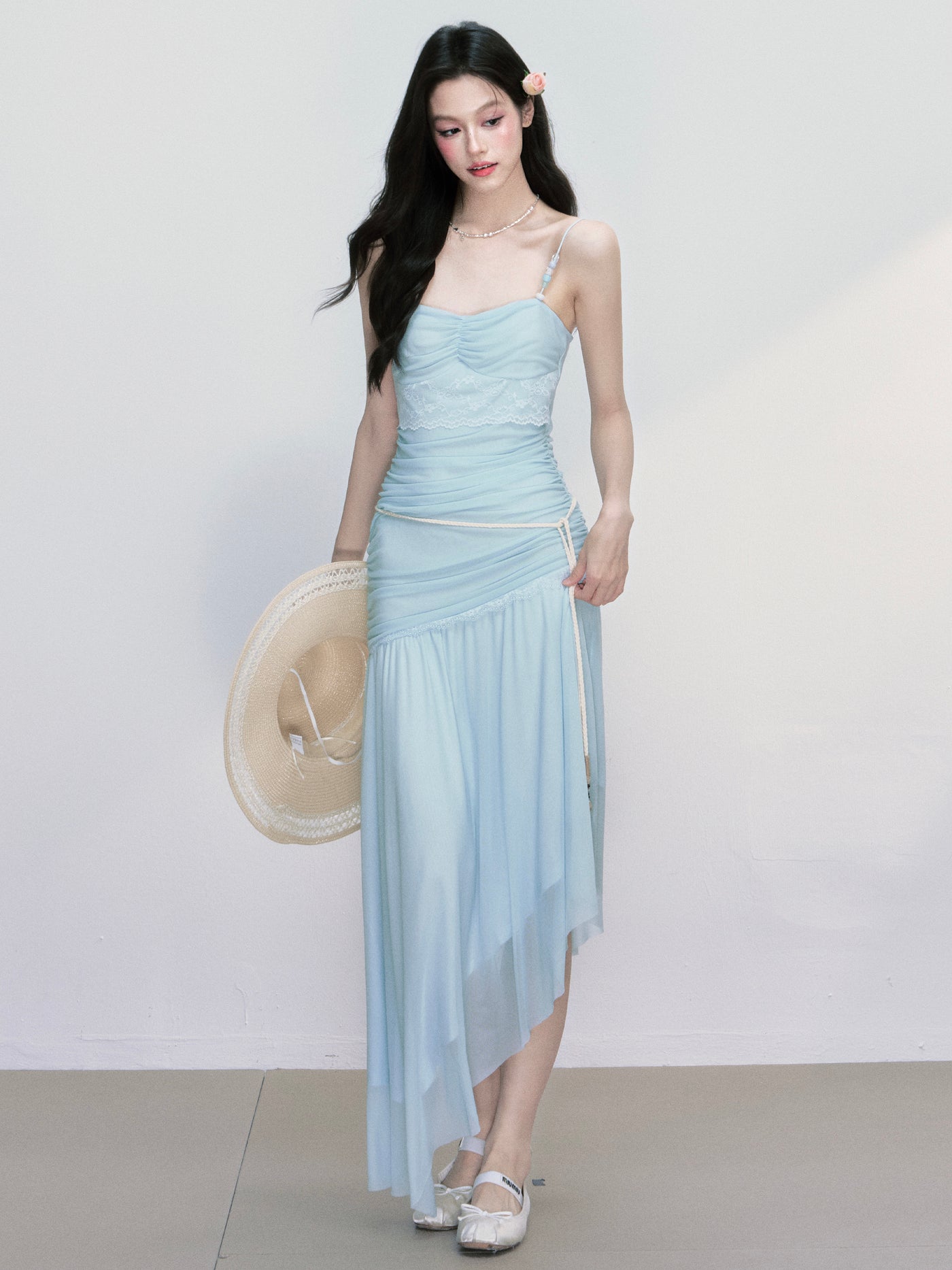 Beaded Mesh Irregular Suspender Dress FRA0404
