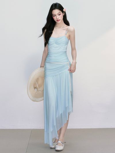 Beaded Mesh Irregular Suspender Dress FRA0404