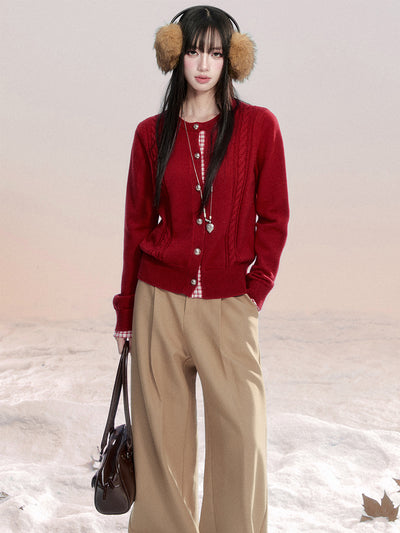 Red Faux Two-piece Plaid Knit Cardigan FRA0485