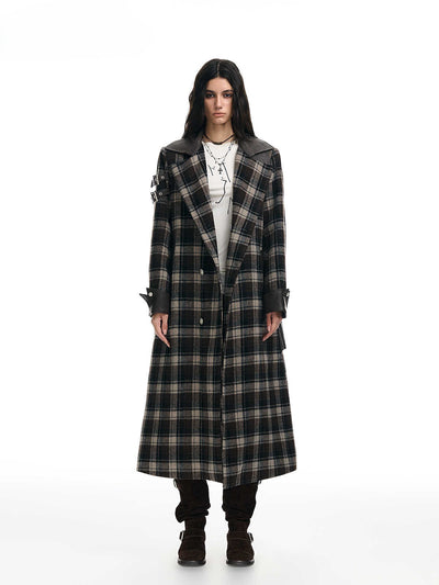 Plaid Leather Slim Mid-Length Long Coat WES0209