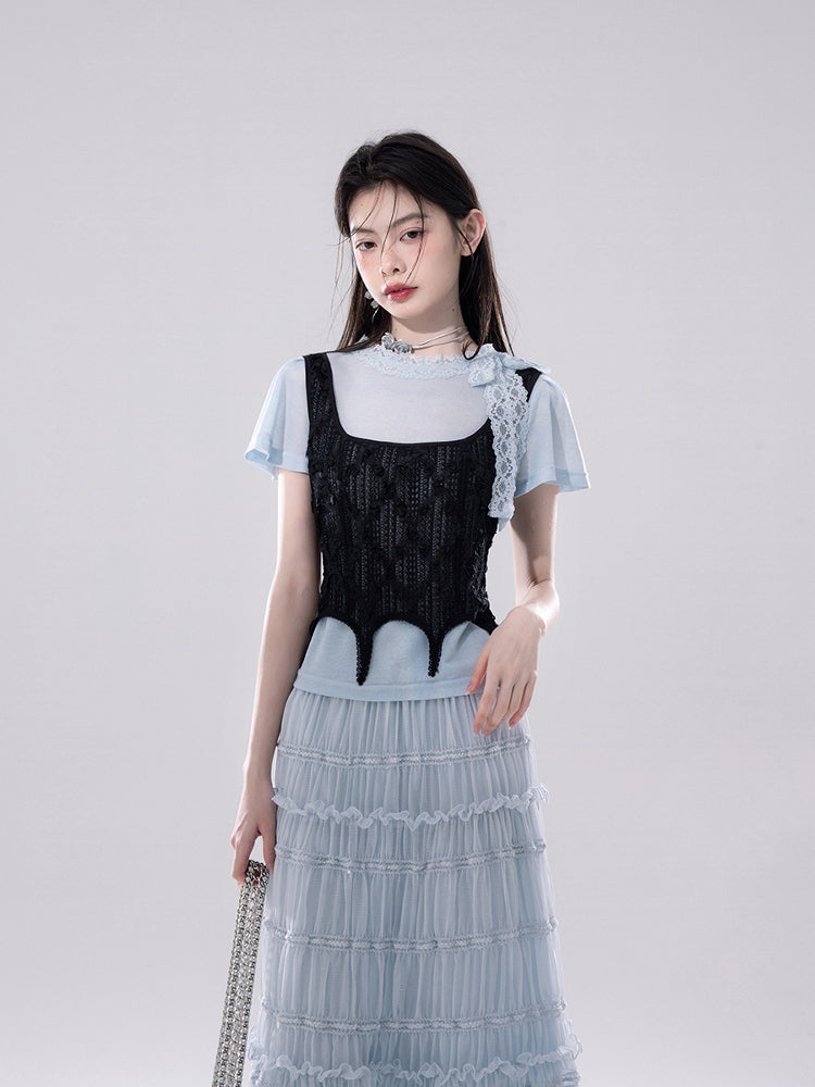 Clear Sky Lace T-shirt+Hollow Vest COT0257