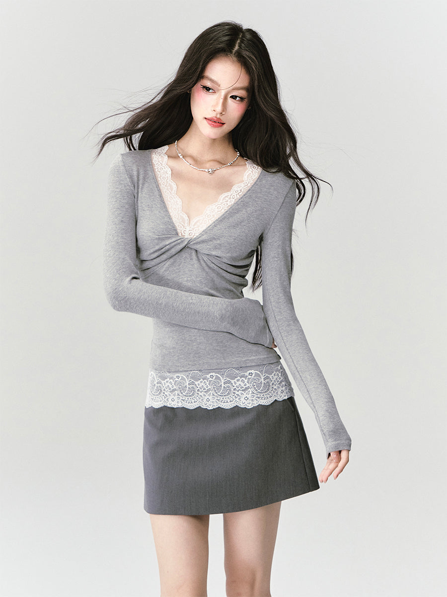 Gray Lace Suit Bow Jacket/Skirt/T-shirt FRA0436
