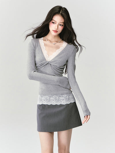 Gray Lace Suit Bow Jacket/Skirt/T-shirt FRA0436