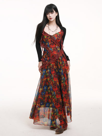 Red Floral Suspender Dress LAD0168