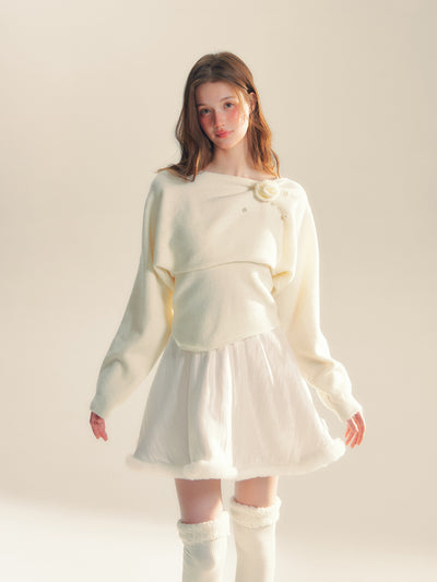 White Satin Texture Fur Short Skirt REC0061