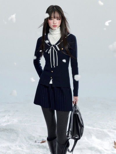 Navy Collar Bow Tie Cardigan/Pleated Skirt FRA0483