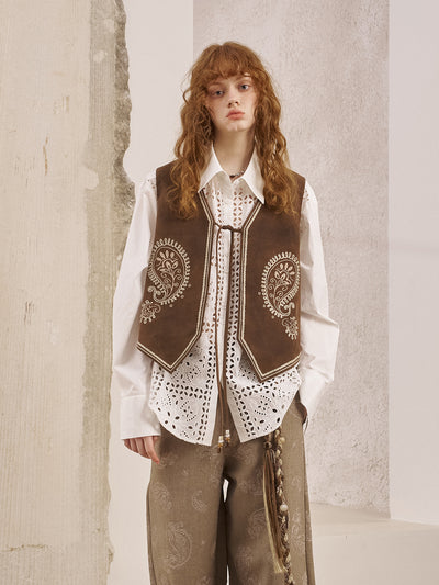 Cashew Flower Embroidery Leather Vest DID0251