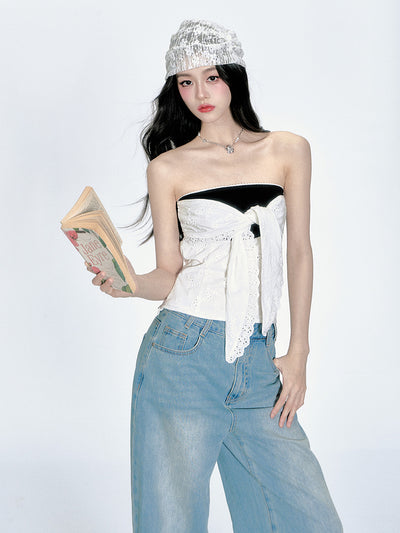 Lace Embroidered Bow Tube Top FRA0366