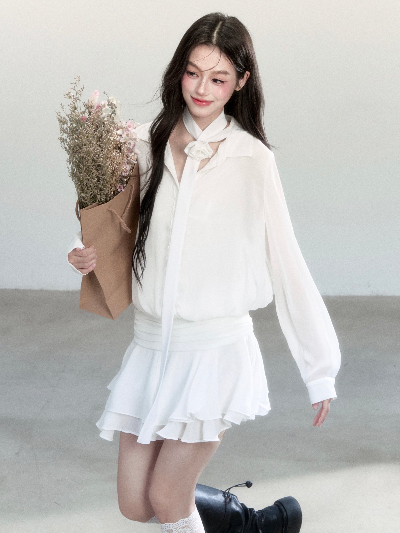 Chiffon Ruffled Hem Shirt Dress FRA0450