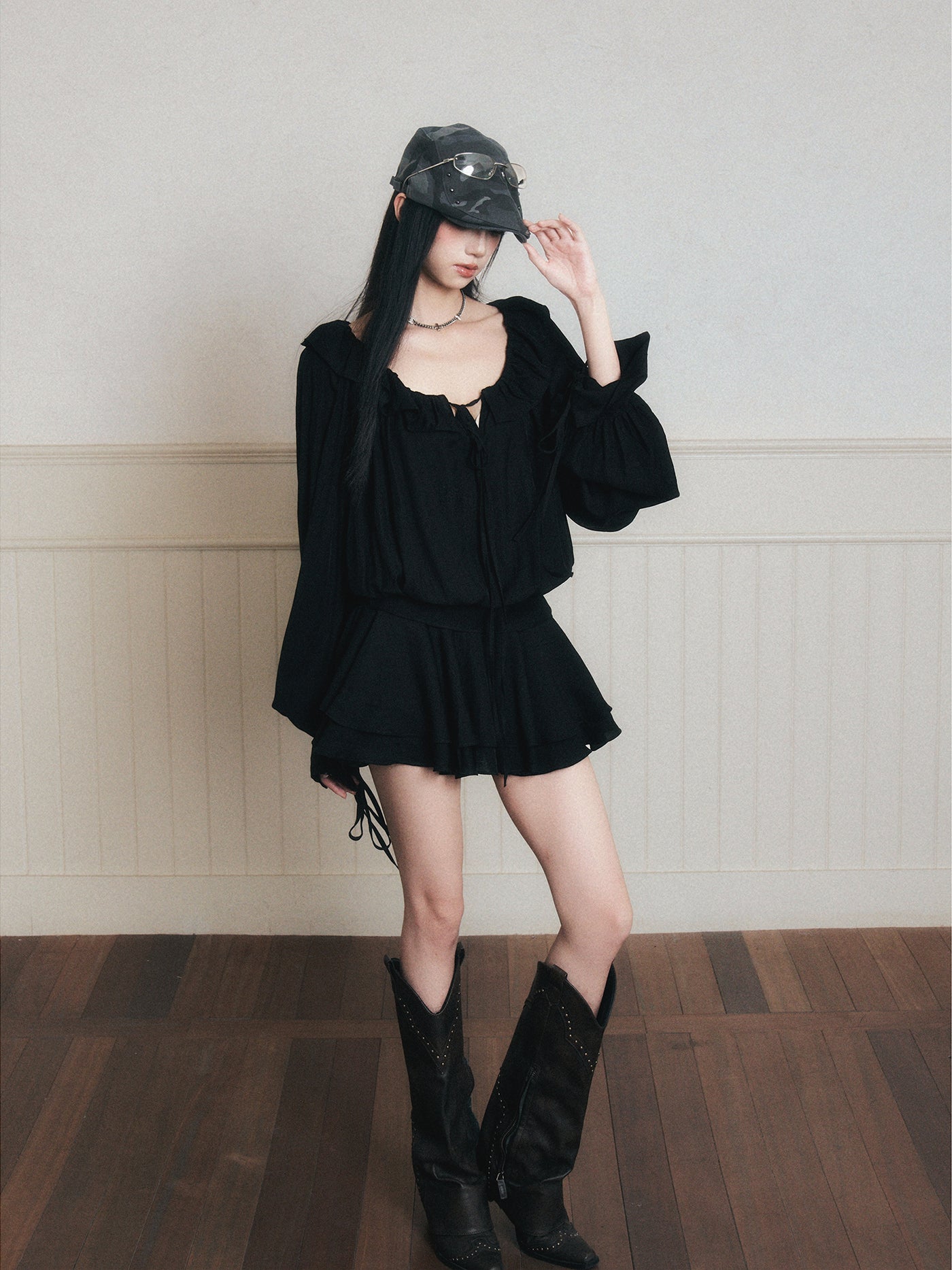 Ruffled Chiffon Satin Shirt Dress LUL0170