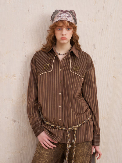 Suede Beaded Retro Striped Shirt DID0215