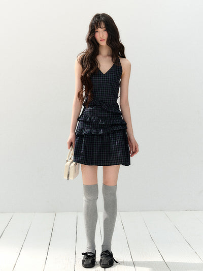 Sleeveless Plaid Navy Dress SHI0147