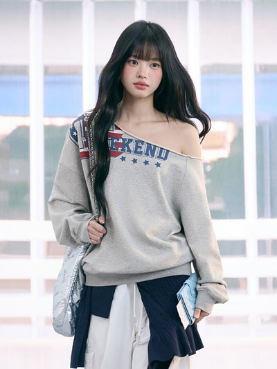 American Print Casual Off-Shoulder Sweatshirt WEE0077