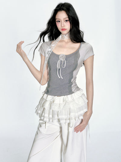 Lace Splicing Short Sleeve T-shirt FRA0369