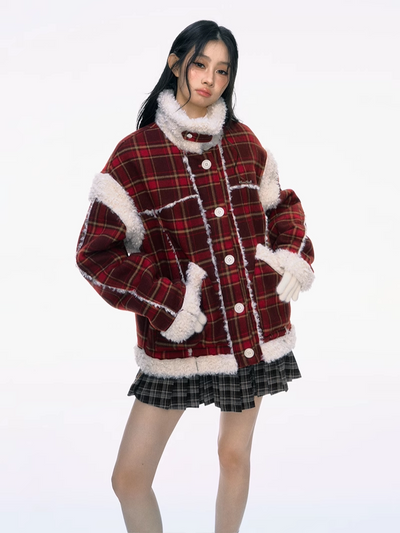 Red Plaid Woolen Fur Coat PUN0040