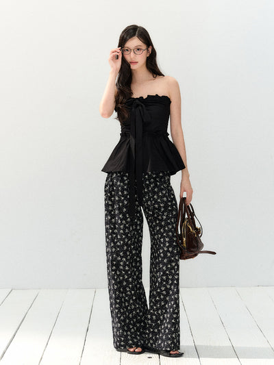 Black Lazy Drape Flower Pants SHI0145