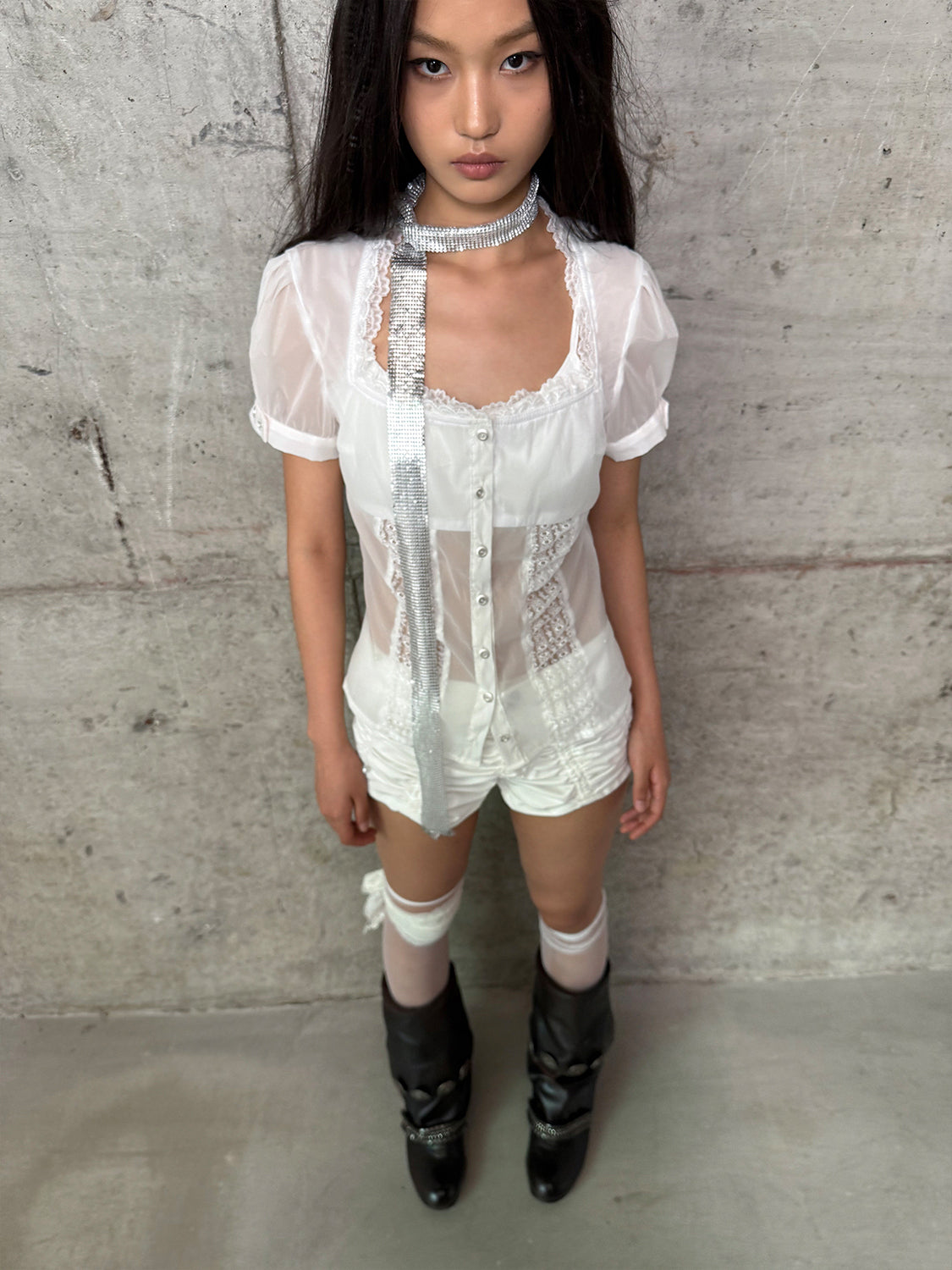 Square Collar Lace Puff Sleeve Shirt DOU0132