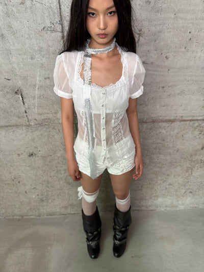 Square Collar Lace Puff Sleeve Shirt DOU0132
