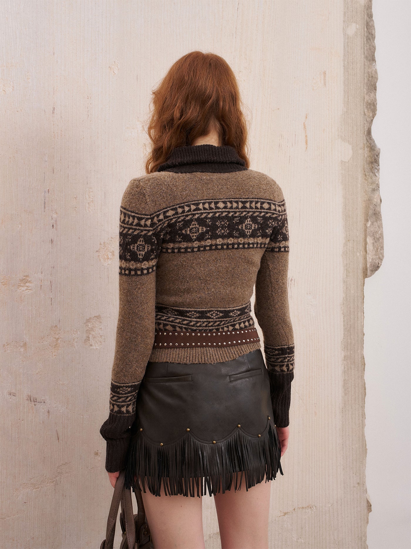 Zipper Isle Jacquard Knitted Cardigan DID0218