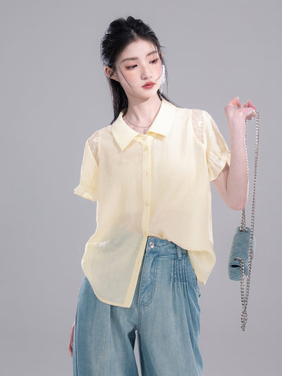 Yellow Lace Stitching Shirt COT0265
