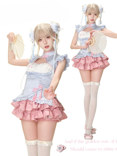 Blue Chinese Style Top/Pink Cake Skirt SER0178
