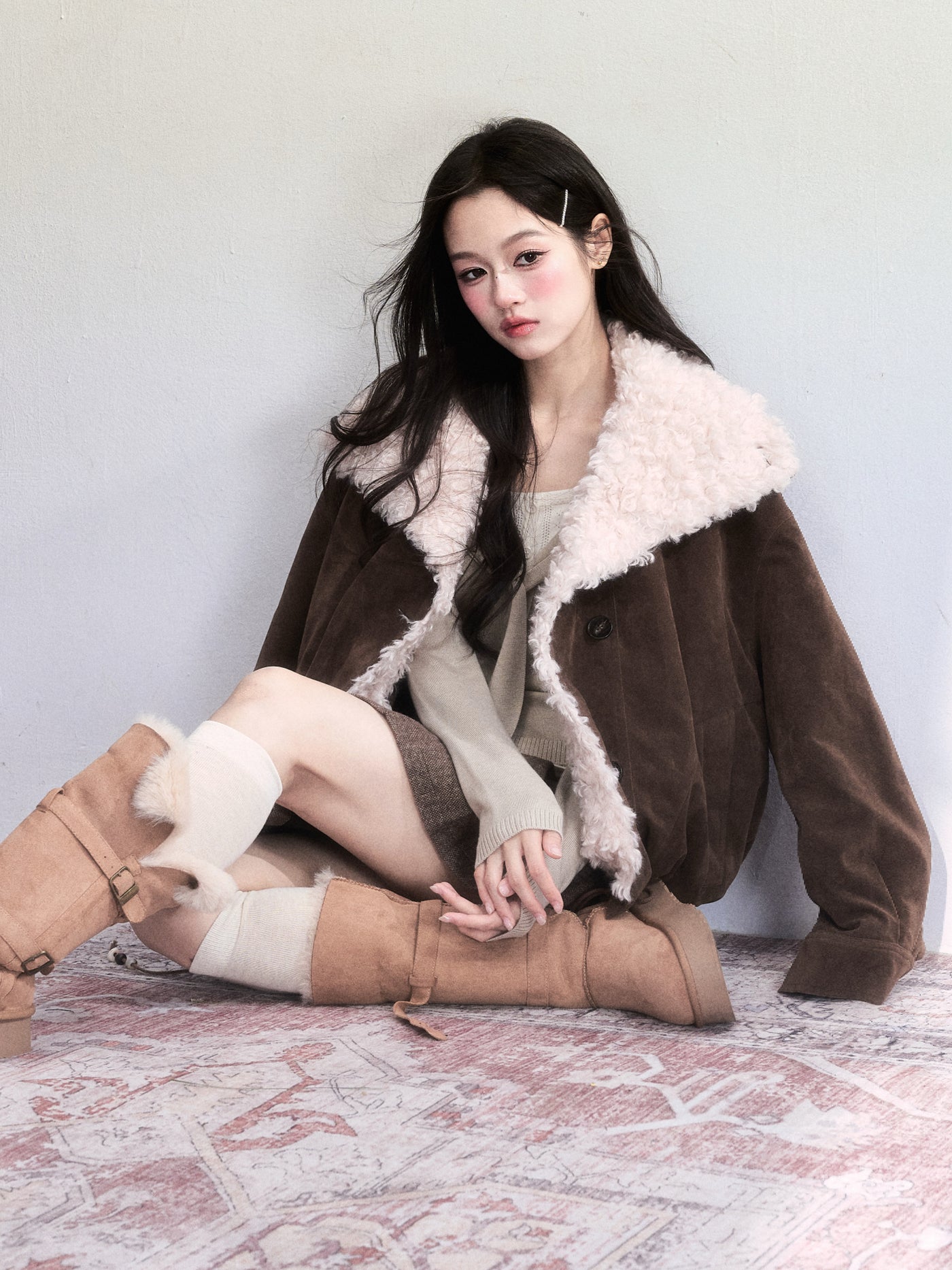 Brown Suede Plush Thick Lapel Coat FRA0500