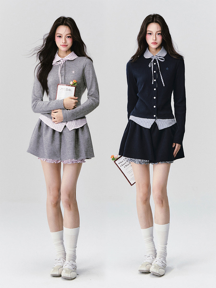 Plaid Collar Knitted Top/Skirt FRA0418